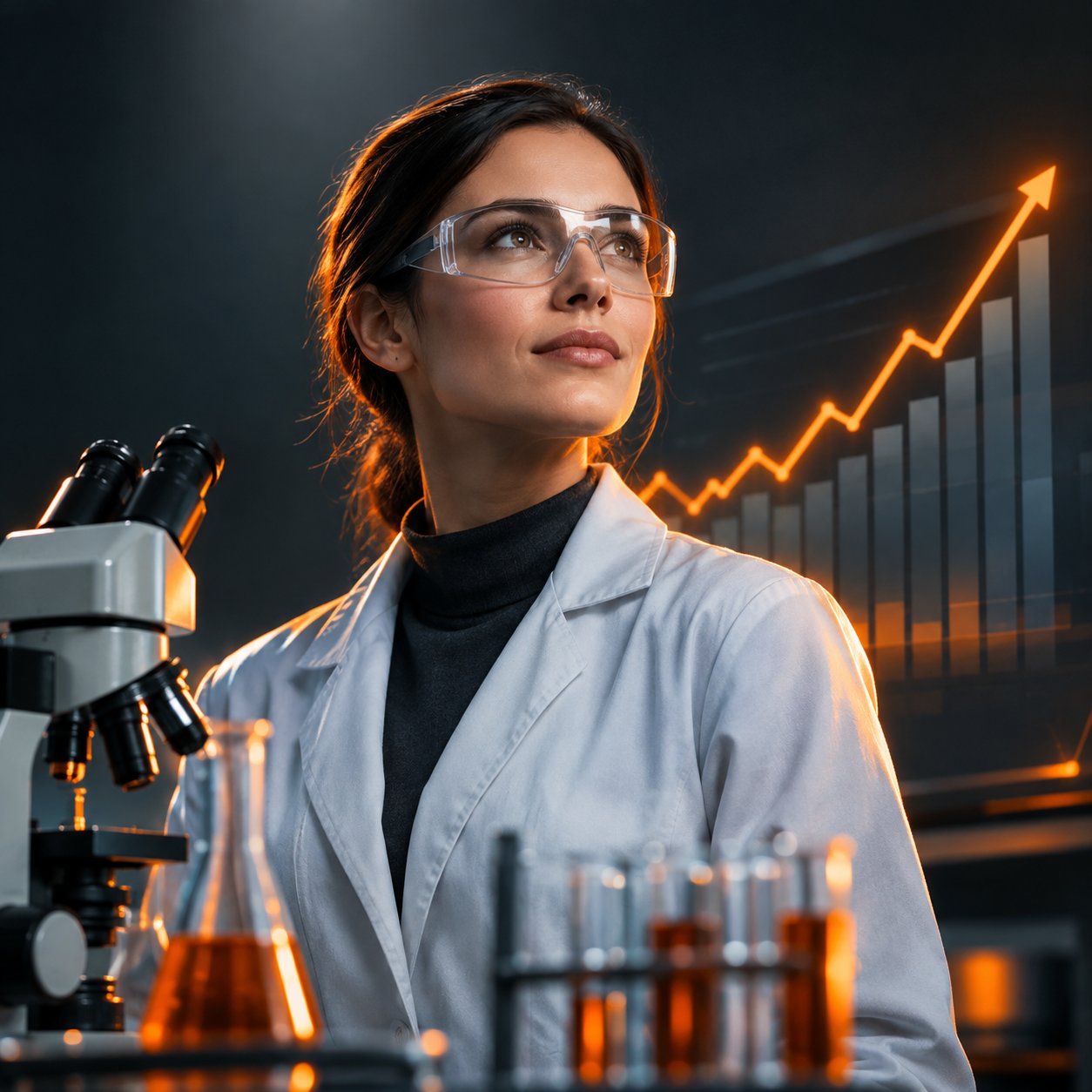Clean laboratory scene blended with an upward stock chart