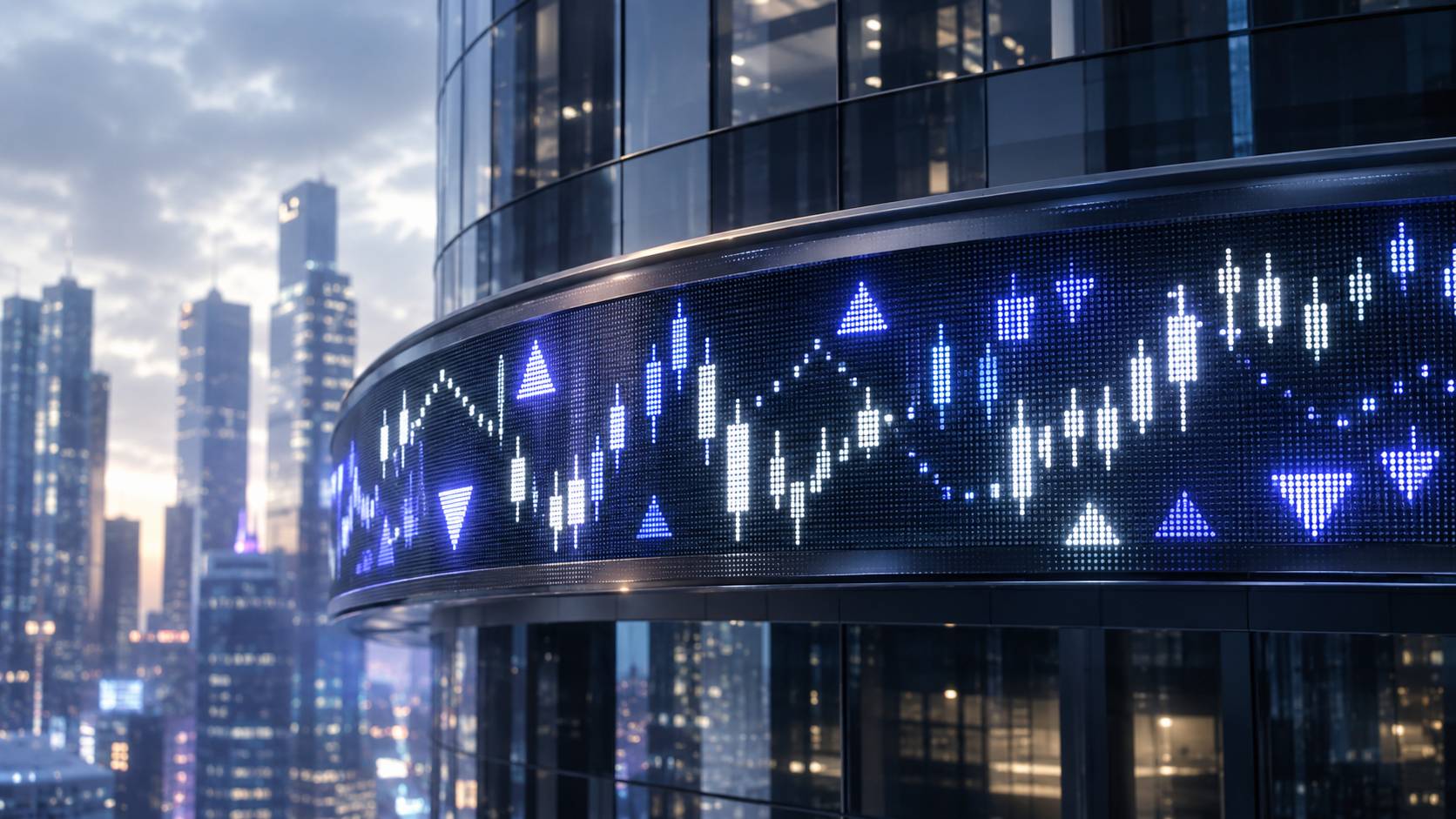 Glowing led stock ticker tape with abstract symbols scrolling across a building