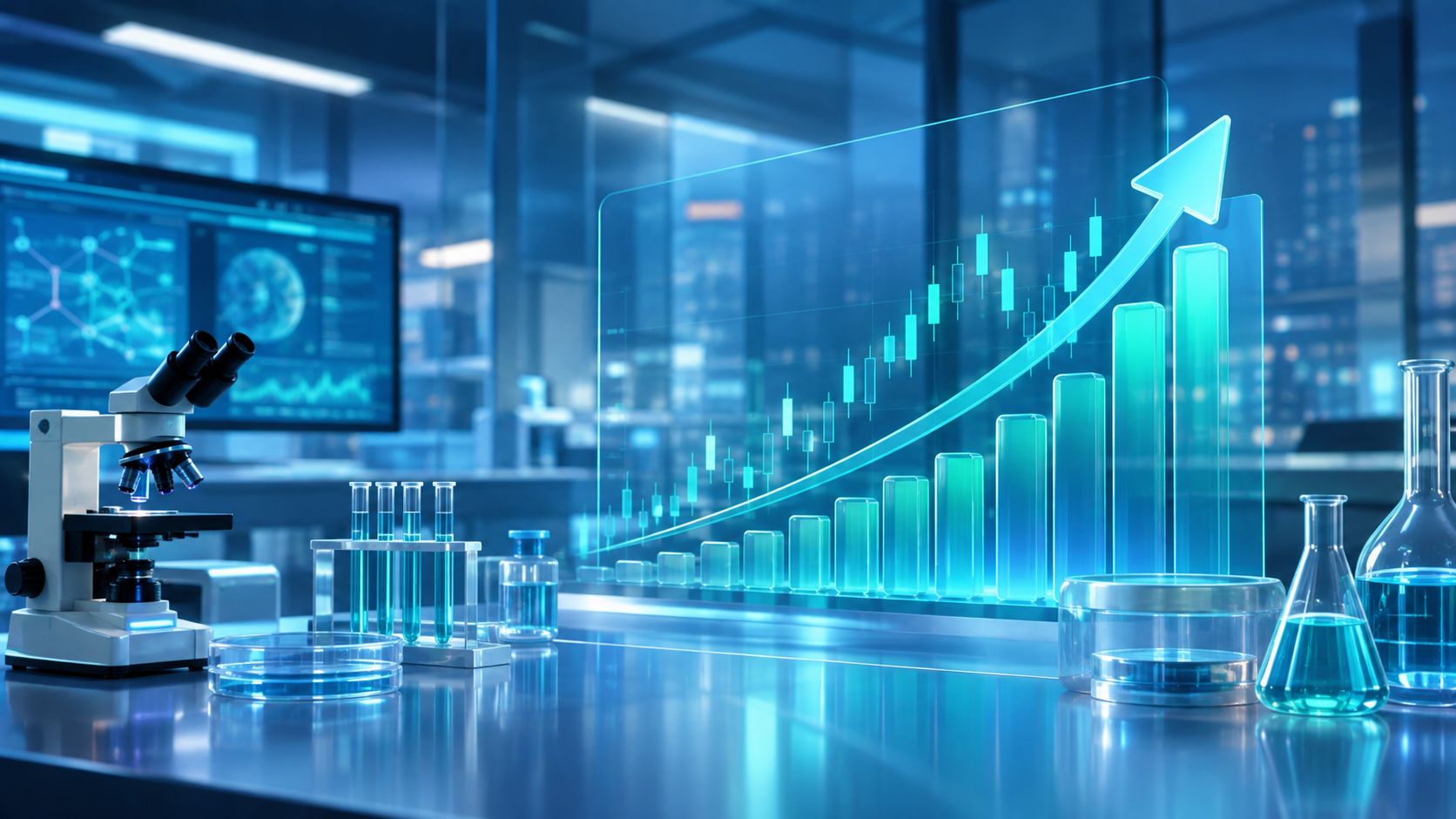 Clean laboratory scene blended with an upward stock chart