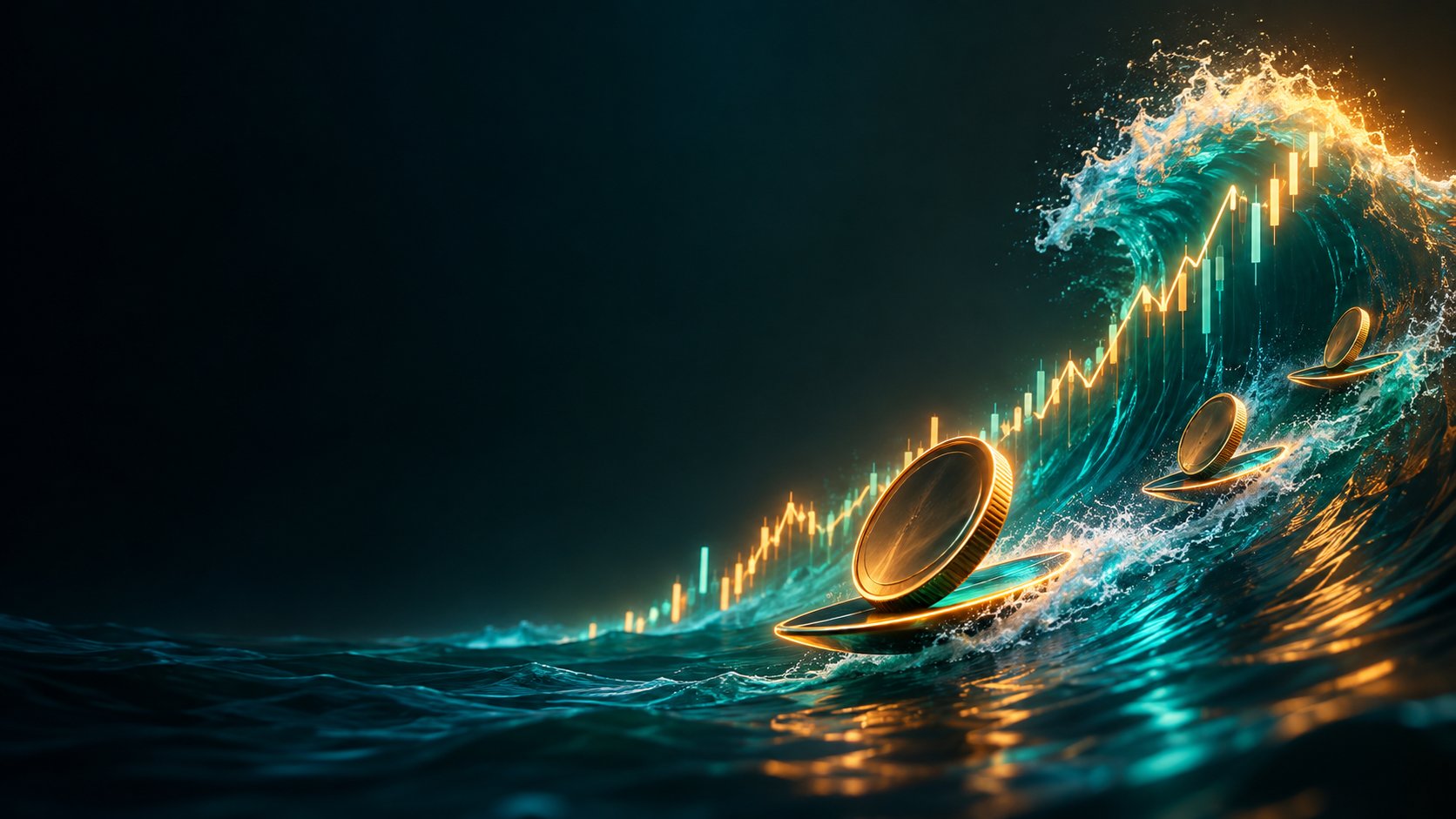 Coins surfing on a huge wave shaped like a price chart